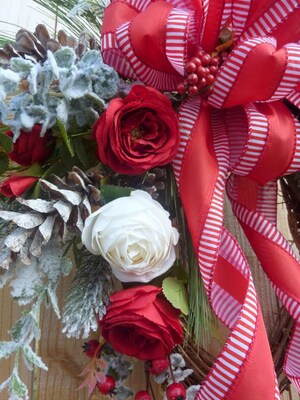 Red and White Christmas Rose wreath - image3